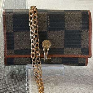 Fendi Black and Brown Checkered Wallet with Gold Chain